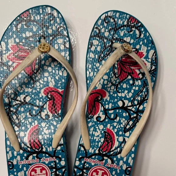 Tory Burch Blue and Red Floral Flip Flops - Picture 4 of 5